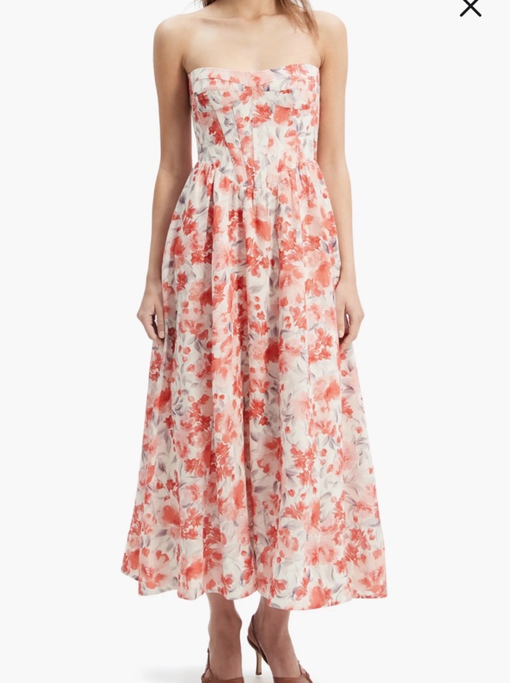 Bardot Strapless Floral Midi Dress